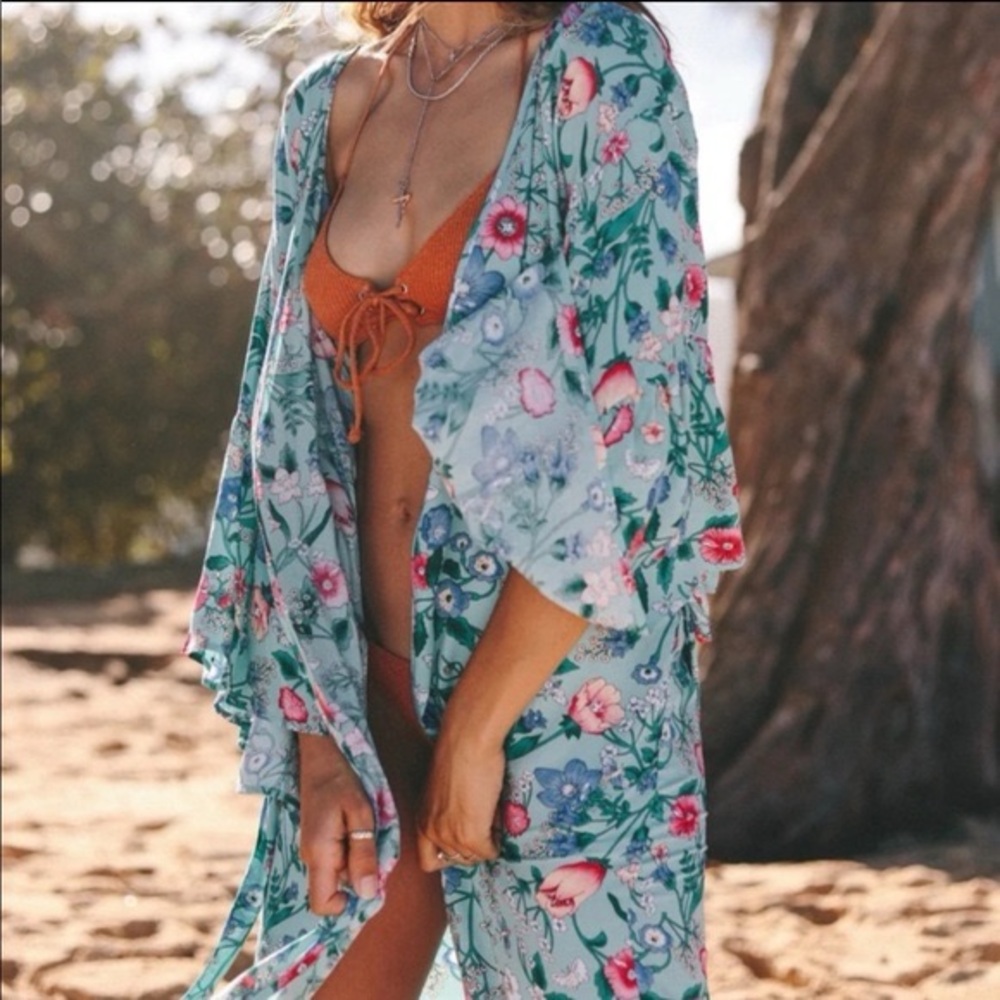 XIX Palms Floral Kimono Sleeve Belted Long Robe Swim Cover-Up Tunic One Size